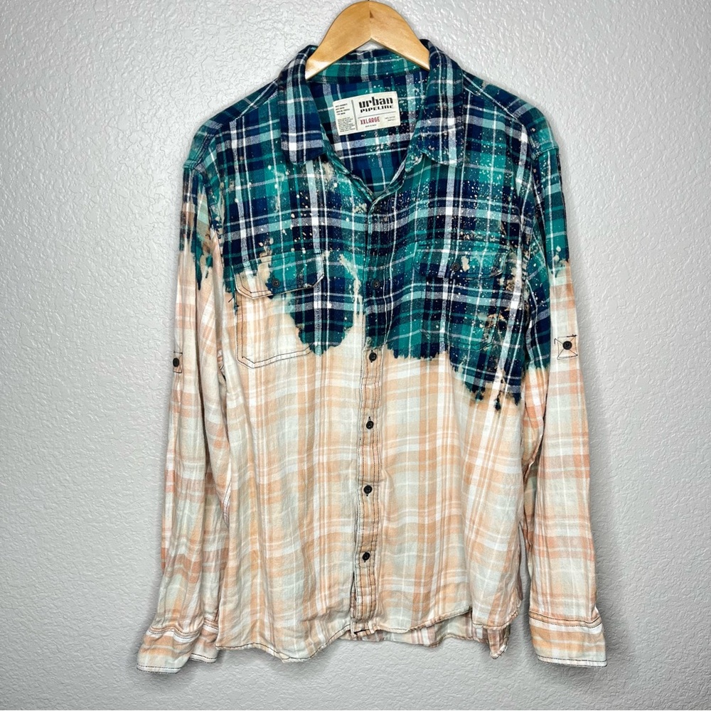 Urban Pipeline Distressed‎ Bleach Flannel Shirt Plaid Button Down XXL Y2K Grunge